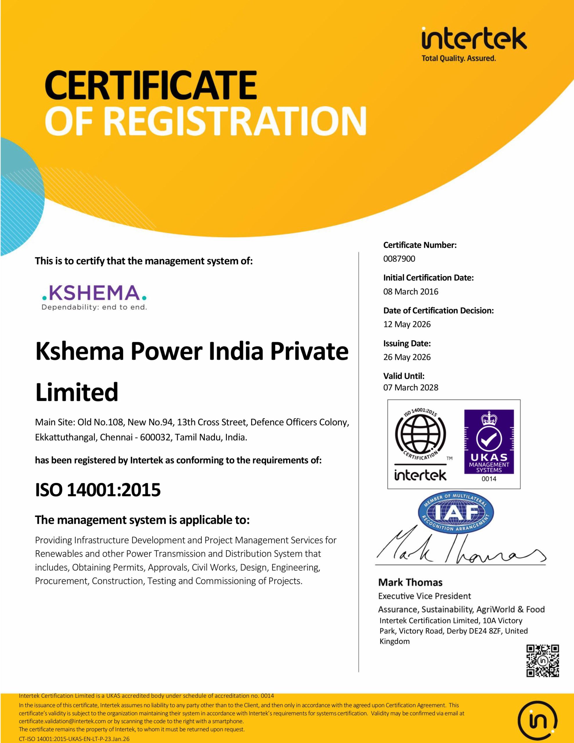 Kshema ISO certificate